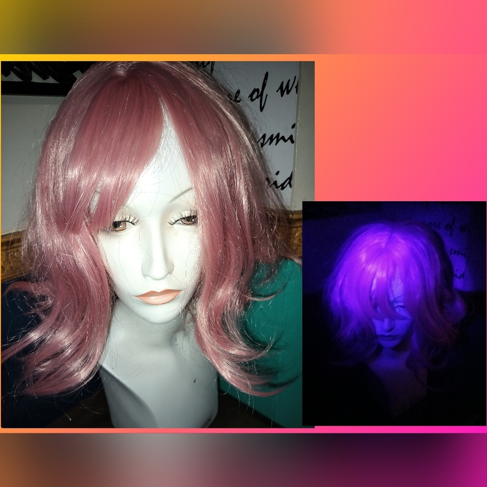 Blacklight Reactive "Cotton Candy" Colored Wavy Med Short Bob Wig